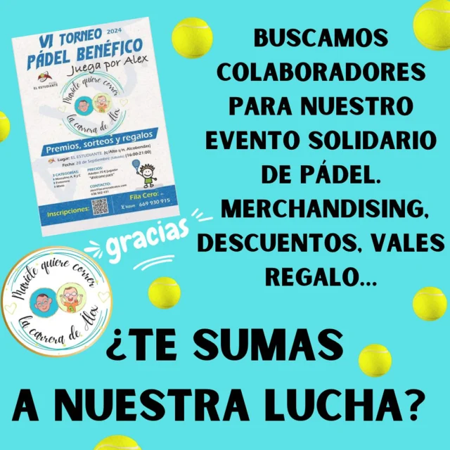 ❤️❤️ TORNEO PÁDEL SOLIDARIO❤️❤️

El próximo 28 de septiembre a las 16:00 en @estudianteclub en Alcobendas, estamos preparando Álex y Mariete @lacarreradealex un día muy especial.

Torneo Pádel 🎾

Música 🎶

Comida y bebida 🍕🍻

Sorteo Camiseta Real Madrid - Atlético Madrid y muchos más regalos ⚽️🎁

Actividades lúdicas 🎯🧩

Pinta caras 🖍️🌈

Mercadillo solidario 🛍️

Y muchas sorpresas más! 🎉

¿Te unes a nuestra causa? 
Cualquier obsequio será más que bienvenido ❤️

Gracias a nuestro súper colaborador @grupo.milenium.inmobiliaria 💙